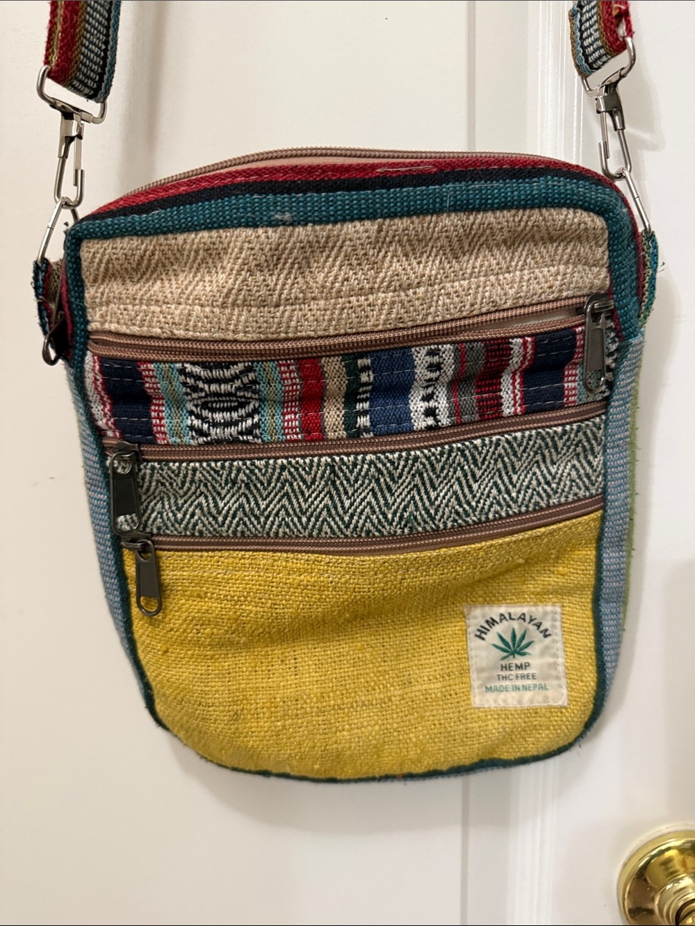 Himalayan Nepal Hemp THC Free Colorblock Crossbody Multi Color Bag 3 Pockets